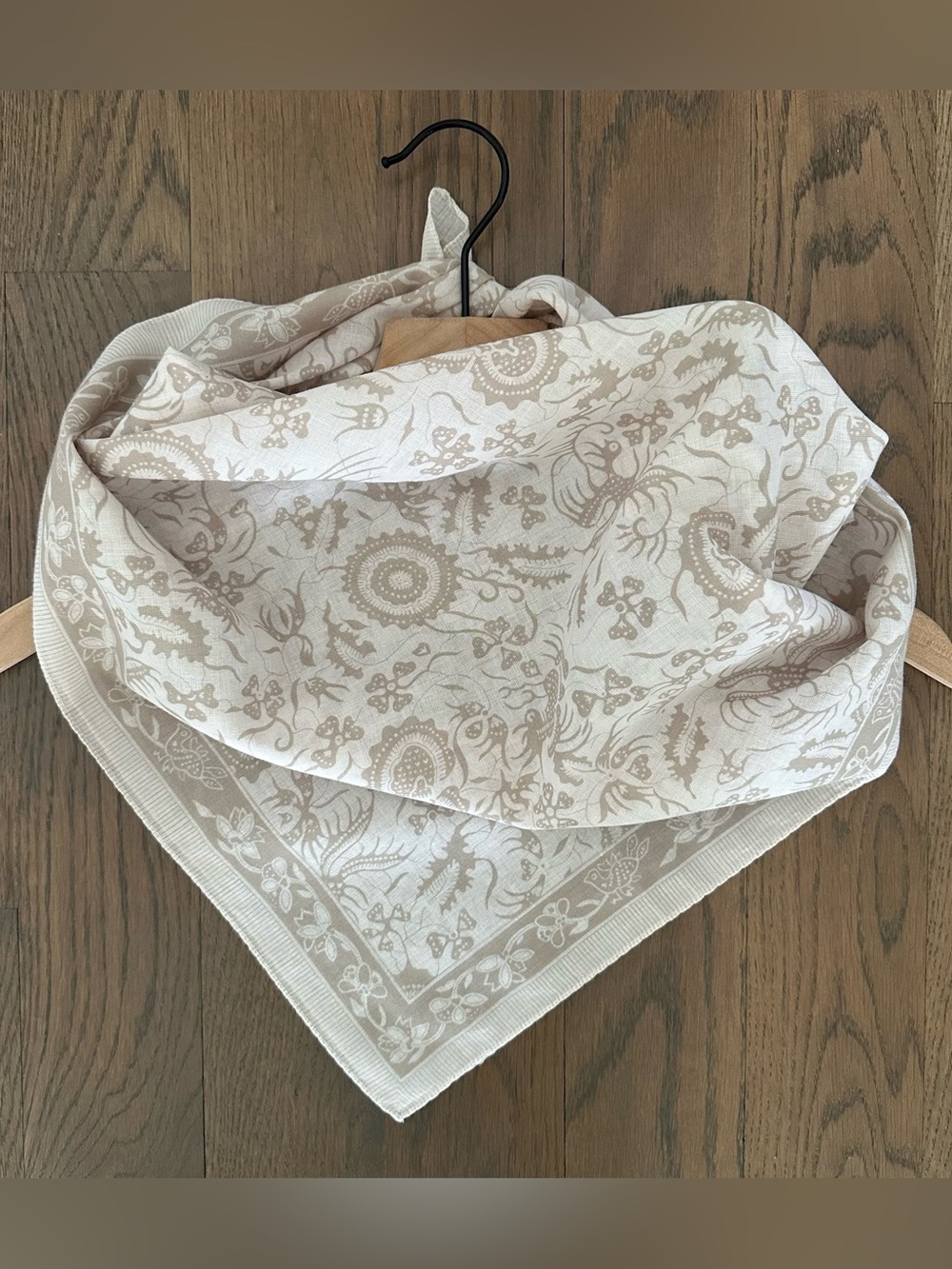 Vintage Cotton Voile Floral and Paisley Print Scarf in White and Tan 26.5" sq - Picture 2 of 8